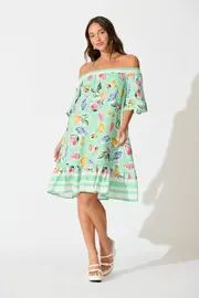 Janna Dress Short Sleeve in multicolor Green with Multi Fruit Print S