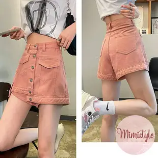 【 Mimistyle】高腰粉色牛仔短褲裙 不對稱裙褲a字短褲(台灣現貨)
