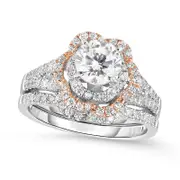 1.0 CT. T.W. Natural Diamond Double Flower Frame Bridal Engagement Ring Set in Solid 14K Two-Tone Gold