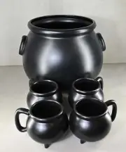 Williams Sonoma Cauldron Serving Bowl and Mugs Set of 4 Black Halloween New