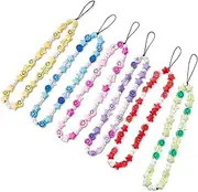 6Pcs Phone Lanyard Wrist Strap, Smiley Face Beaded Phone Charms Rainbow ClayFruit Star Letter Pearl Mobile Phone Chain for Women Summer Beach Accessory