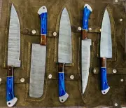 5 Pieces Damascuss Steel Kitchen Knife Set With Sharpener And Leather Sheath Kit