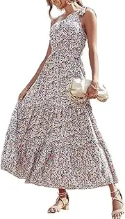 [PRETTYGARDEN] Women's Summer Floral Dress One Shoulder Sleeveless Knot Ruffled Hem Flowy Bohemian Maxi Dresse