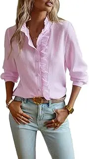 [Pinclodly] Womens Button Down Shirt Stand Collar Ruffle Top Striped Long Sleeve Shirts Work Tops for Women Trendy