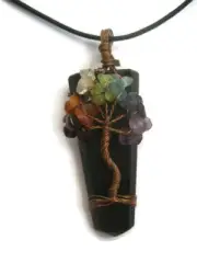Chakra Tree Of Life Black Tourmaline Crystal Gemstone Pendant with Cord Necklace