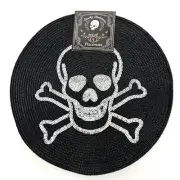 Placemats Set of 4 Skull and Crossbones Black Round 15" Silver Halloween Pirate