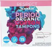 Respect by Soodox Organic Cotton Tampons | NEW Cotton Lock Technology To Prevent Fiber Shedding | Certified Organic Cotton | Hypoallergenic | Vegan & Halal | SUPER PLUS (Heavy Flow)