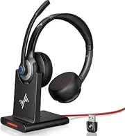 JIAMQISHI Wireless Headset with AI Noise Cancelling Microphone Bluetooth Headset - Bluetooth V5.2 Headphones with USB Dongle, Charging Base & Mic Mute for Computer/Laptop/PC/iPhone/Android/Cell Phones