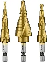 NEIKO 10181A Step Drill Bit Set, 3 Piece, Spiral Grooved for Faster Drilling, Step Bits for Stainless Steel, Metal, Wood, Plastic, Unibit Cone Drill Bits with 31 Step Sizes Total