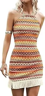 [Generic] Women's Sleeveless Halter Neck Striped Chevron Print Fringe Hem Boho Mini Dress