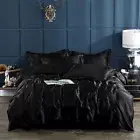 Black Silk Satin Quilt Doona Duvet Cover Set/Fitted Sheet Queen King Size Beddig