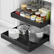 Pull out Cabinet Organizer, Expandable Heavy Duty Slide out Drawers Fixed with Adhesive Nano Film, Roll out Shelf Storage for Kitchen Base Cabinet Organization,Pantry,Bathroom, Black 2pcs(17.1"-26.7")