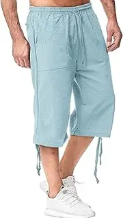 [JEShifangjiusu] Men's Causual 3/4 Long Cotton Shorts Drawstring Elastic Waist Cargo Straight Shorts Wide Leg Baggy Pants, Light Blue B1, L