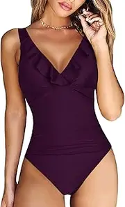 [Mycoco] Women's Ruffled V Neck One Piece Swimsuit Ruched Tummy Control Bathing Suits Vintage Monokini Swimwear