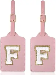 [XSUIOY] Personalized Initial Chenille Letter Luggage Tag,2Pcs Leather Luggage Tags Cute Privacy Protection Travel Bag Embroidered Labels,Monogrammed Luggage Tags for Baggage Bag Suitcases(2pink_F)