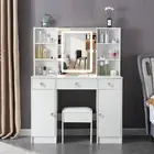 White Dressing Table Stool Set With LED Makeup Mirror &3 Drawers Vanity Desk