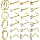 22 Pcs Gold Nose Rings Nose Piercing Jewelry Stainless Steel Studs Cubic Zircon