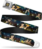 [Buckle-Down] Seatbelt Belt - Jasmine & Aladdin Carpet Ride/Jasmine Poses/Flowers - 1.0" Wide - 20-36 Inches in Length