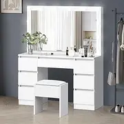 ALFORDSON White Dressing Table Stool Set with Mirror, Storage Drawers and Chair, Makeup Mirror Desk with 12 LED Bulbs Adjustable Brightness Levels, Dresser Vanity Table Organiser for Dressing Room