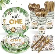 Wild One Birthday Decorations Plates Set for 25 Guests, Safari Jungle Theme Plates and Cups and Napkins Straws Sets Boys First 1st Party Supplies(125 pieces)