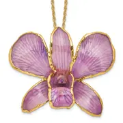 Fashion 24K Gold-Trim Lacquer Dipped Hot Lavender Real Dendrobium Orchid 20 Inch Gold-Tone Necklace