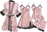 [SHWING] Top and Shorts Pajama Set | Set of 4 Lace Bathrobe Nightgown for Women - Comfortable Night Dress for Home for Valentine's Day, Honeymoon, Lingerie Party Pink