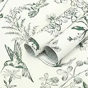 Safiyya 393"x17.3" Floral Birds Contact Paper Green White Peel and Stick Wallpaper - Modern Boho Removable Vinyl Rolls for Bathroom