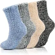 [spxkd] Fuzzy Socks for Women & Men Cozy Fluffy Soft Socks with Grips Non Slip Hospital Crew Socks Warm Winter Slipper Socks 4 Pairs, Multi, One Size