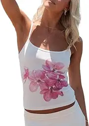 [KMBANGI] Women Y2k Floral Tank Top One Shoulder Backless Graphic Tee Sleeveless Flower Print Slim Fitted Crop Tops Retro Trendy