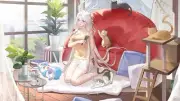 Anime girls cats animals creature white hair pointy ears Playmat Game Mat Desk