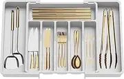 Cutlery Tray, Cutlery Drawer Organiser, Cutlery Organiser, Expandable Utensil Tray for Kitchen, Plastic Storage for Spoons Fork Knive, Kitchen Storage Accessories, Adjustable Flatware Holder (White)