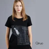 在飛比找momo購物網優惠-【Qiruo 奇若名品】春夏黑色拼圖短袖上衣1253A 酷造