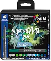 STAEDTLER Brush Pen Pigment Arts, Premium Drawing Ink, Brush Tip for Variable Line Width, Waterproof, Quick-Drying, 12 Brush Pens in Assorted Colours in Cardboard Case, 371 C12-6