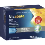 Nicabate Quit Smoking Chewing Gum Regular Strength 2mg Nicotine 200 pack