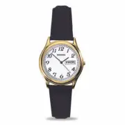 Sekonda 25mm Ladies Gold Watch Black Lather Band Day/Date SK4925