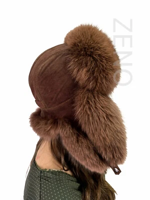 Finn Fox Fur Hat With Suede Brown Color Fur Saga Furs Aviator Fur Hat