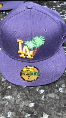 New Era Hat Club Exclusive 59Fifty LA Dodgers Lakers Purple Palm Tree SZ 7 1/2