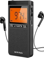 AM FM Portable Radio Personal Radio with Excellent Reception Battery Operated by 2 AAA Batteries with Stero Earphone, Large LCD Screen, Digtail Alarm Clock Radio