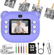 Instant Kids Camera, Digital Video Camera for Girls and Boys, 1080p Hd Screen Kids Camera with 3 Rolls Photo Paper, One-Click Print Kids Toys Gifts Selfie Childrens Camera with 32gb Card Purple