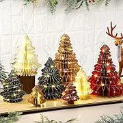 Faccito 8 Pcs Paper Christmas Honeycomb Trees Centerpiece LED Lighted Honeycomb Christmas Tree with 2 LED Light Strings Holiday Hanging Decoration Table Centerpiece (Retro Style, Vintage Color)