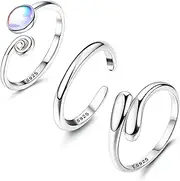 [Milacolato] 3pcs Toe Rings Set Solid 925 Sterling Silver Open Band Rings Comfort-Fit Adjustable Toe Rings for Women Turquoise Moonstone Summer Barefoot Jewelry