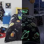Glow in The Dark Space Duvet Cover - Single (200 x 140cm) - Reversible (2 Designs) - Galaxy & Planet Bedding for Boys - Solar System Universe Duvet Cover, Black