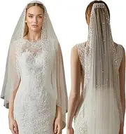 [L'EEREYDAS] 1 Tier Pearl Wedding Bridal Veil with beaded Edge and Metal Comb 47" White Long Lace Rhinestone Bride Veil for Women Girls Bachelorette Party Veil, White