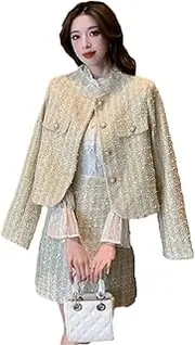 [Generic] Women Elegant Outfits Gold Sequined Short Coat + Short Skirt Tweed Suit for Two Piece Sets