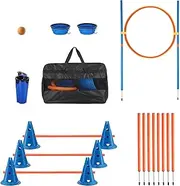 Pet Scene Dog Agility Equipment Set,Pet Obstacle Training Course Supplies Jump Puppy Hurdle Cones Weave Poles,with Carry Bag & Water Bottle Bowl & Training Ball