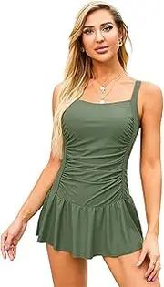 [Xiaojian] Womens Swimsuits Vintage Tummy One Piece Bathing Suits Modest Swimdress Push Up Tummy Control Swimwear