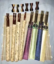 Wooden Chopsticks & Rests Sets 8 Traditional Korean Silk Woven Sleeves