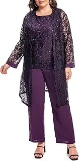 [WTJIAPAI] Plus Size Elegant Mother of The Bride Pant Suits Chiffon Pant with Women's Tank Top and Sequin Lace Jacket Evening Gown