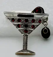 Vintage Silver Tone Crystal Enamel Martini Olive Pin Brooch