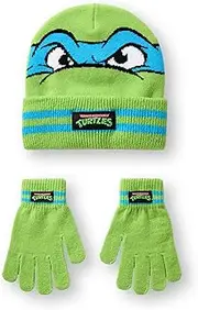 [TEENAGE MUTANT NINJA] Boys Beanie Hat & Glove Set | TMNT Leonardo Character Face Winter Hat & Striped Knitted Gloves in Green | Childrens Animated Warrior Head & Hand Warmer Merchandise